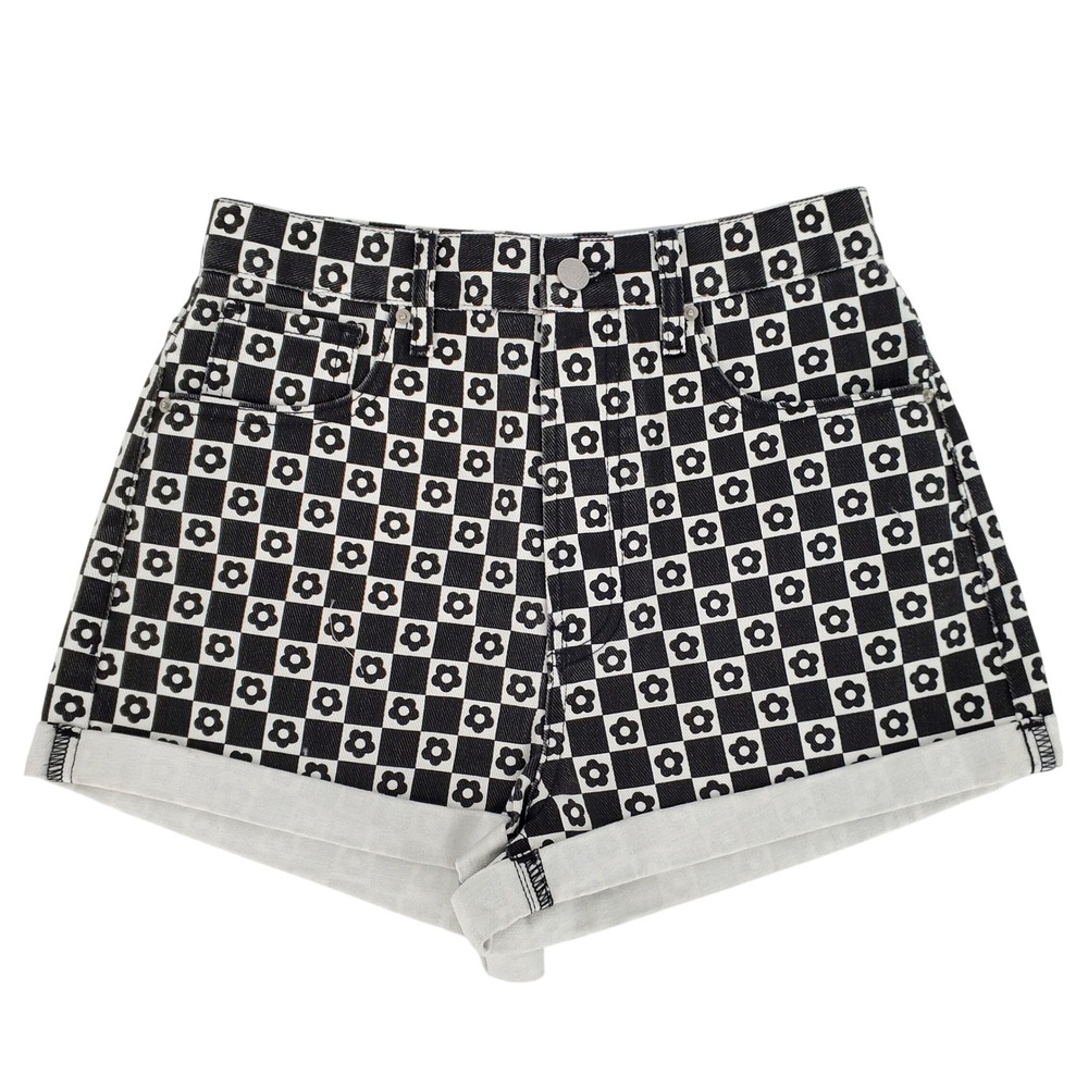 PacSun High Rise Rolled Shorts Womens 26 Black White Checkerboard Daisy Floral